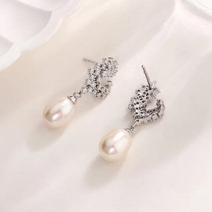 Hot sale inlaid fine diamonds setting 925 sterling silver freshwater cultured pearl drop dangle earrings