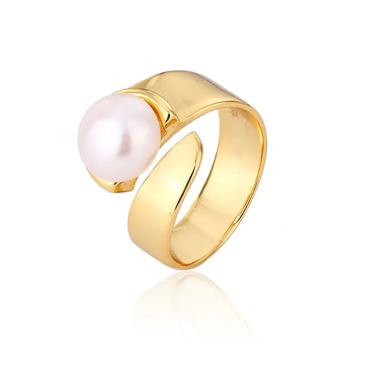 Fashion Simple Women 14k 18k Gold Plated 925 Sterling Silver Freshwater Pearl Adjustable Ring