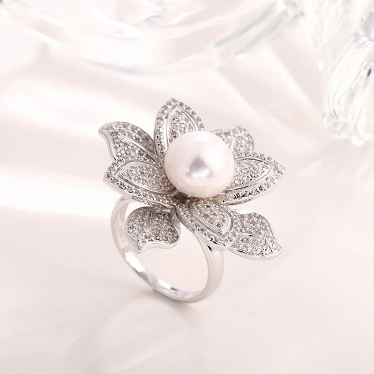 Fashion luxurious diamond set 925 sterling silver cultured natural freshwater pearl flower shape ring for women