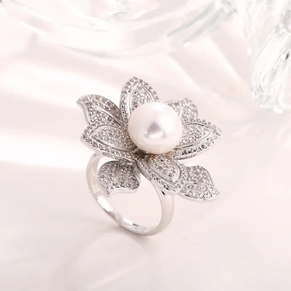 Fashion luxurious diamond set 925 sterling silver cultured natural freshwater pearl flower shape ring for women