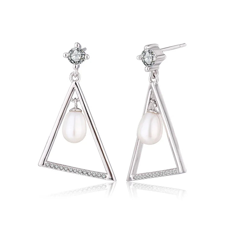 Wholesale bulk fashion statement luxury jewelry ladies womens 925 silver pearl triangle triangle earrings