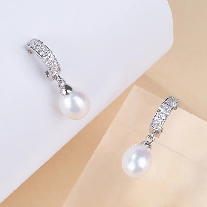 Wedding diamonds pave set 925 sterling silver freshwater pearl dangle drop earrings