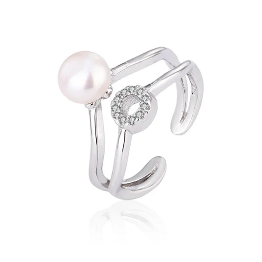 Open Adjustable Double Ring 925 Sterling Silver Women's Flash Water Pearl Ring