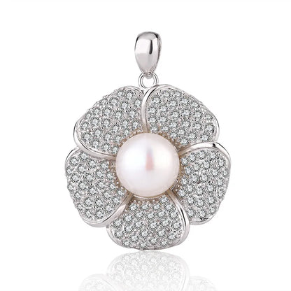 925 sterling silver claw set pave diamond flower shape pendant with freshwater pearl