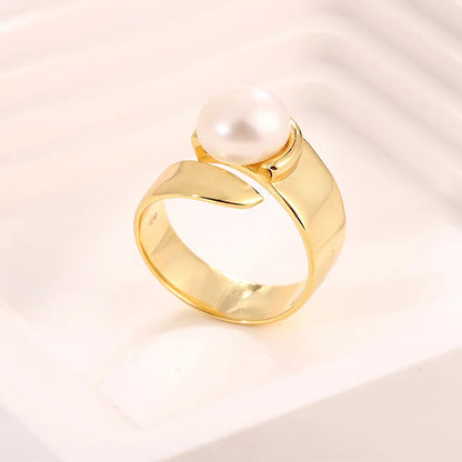 Fashion Simple Women 14k 18k Gold Plated 925 Sterling Silver Freshwater Pearl Adjustable Ring