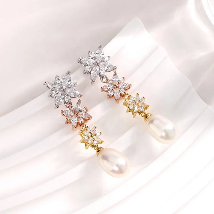 Wholesale bulk fine jewelry fashionable zircon 925 sterling silver long pearl drop earrings