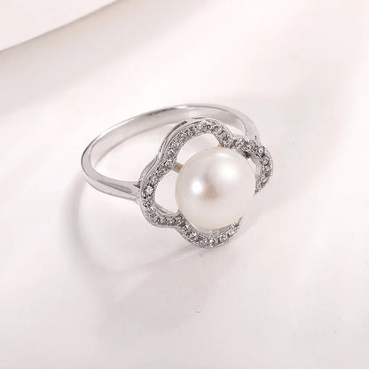 Hollow petal shape 925 pure sterling silver pearl women ring with small fine diamonds inlaid