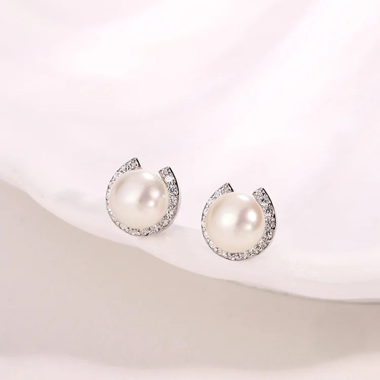 Designer 6mm pearl genuine 925 sterling silver diamond and freshwater cultured pearl women's stud earrings for women