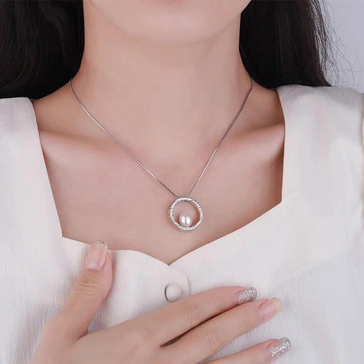 Minimalist jewelry ladies women pendant jewelry 925 silver long necklace chain pearl round pendant for women