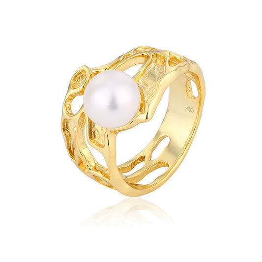 Exquisite stylish 18k gold plated hollow 925 sterling silver lady women ring with real freshwater pearl