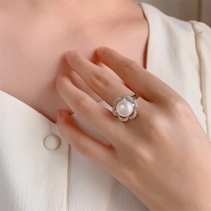 Wholesale Ring Jewelry Simple 925 Sterling Silver Zircon Diamond Set Flower Ring with a Big Pearl