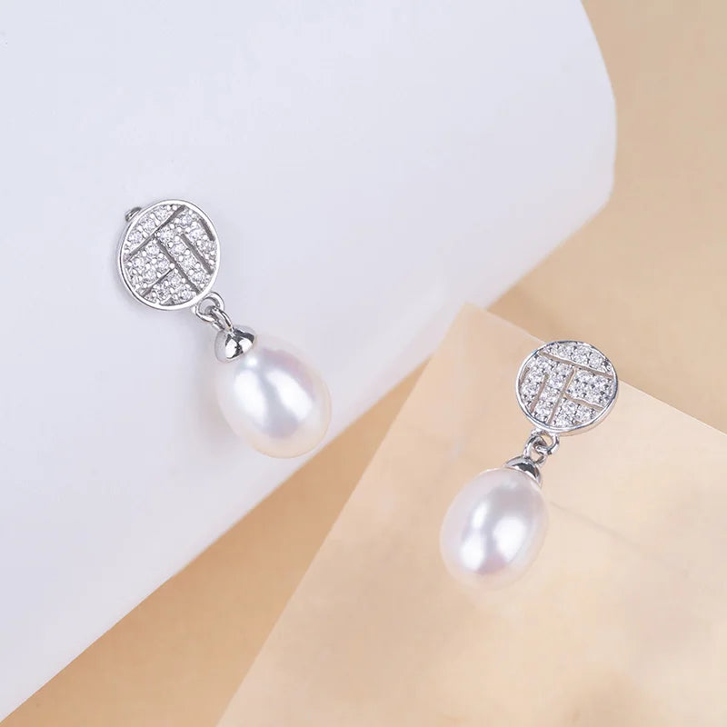 Wedding diamonds pave set 925 sterling silver freshwater pearl dangle drop earrings