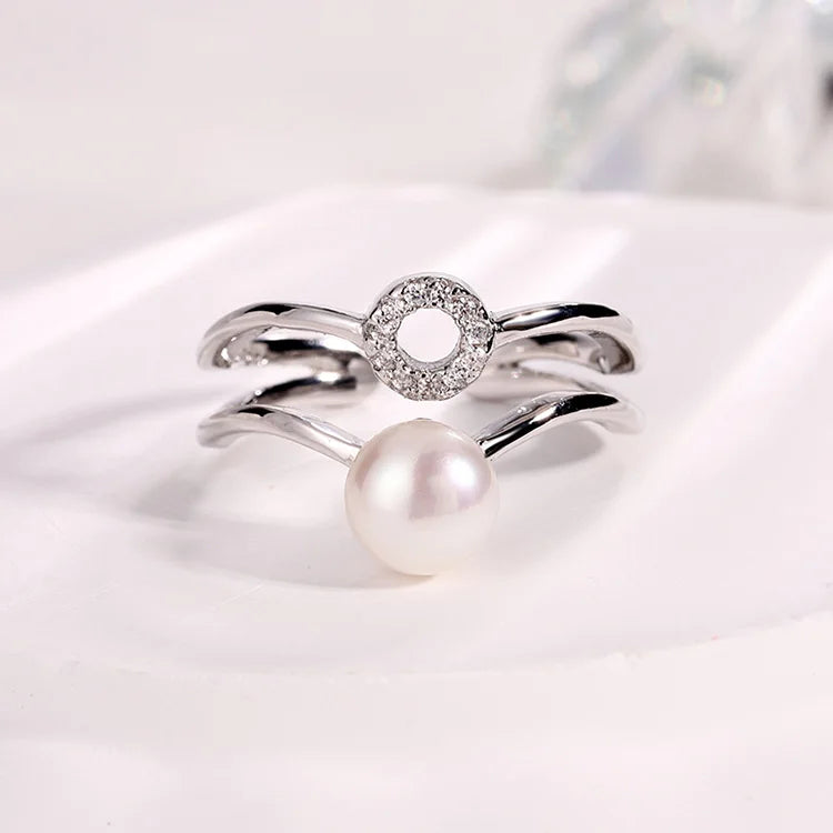 Open Adjustable Double Ring 925 Sterling Silver Women's Flash Water Pearl Ring