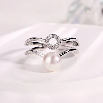 Open Adjustable Double Ring 925 Sterling Silver Women's Flash Water Pearl Ring