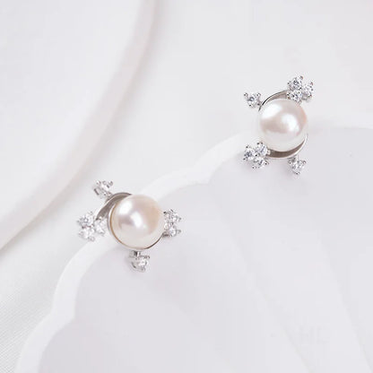 Wholesale cubic zirconia bridal party 925 sterling silver pearl zircon stud earrings for women