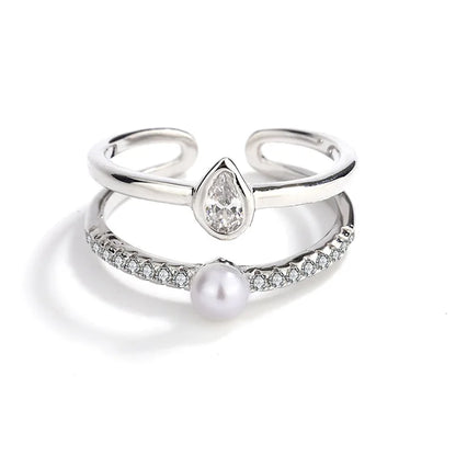 Custom fine jewelry simple double ring claw-set zircon diamond freshwater pearl silver ring