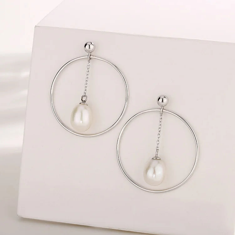 New trendy fashion 925 sterling silver pearl large big hoop earrings