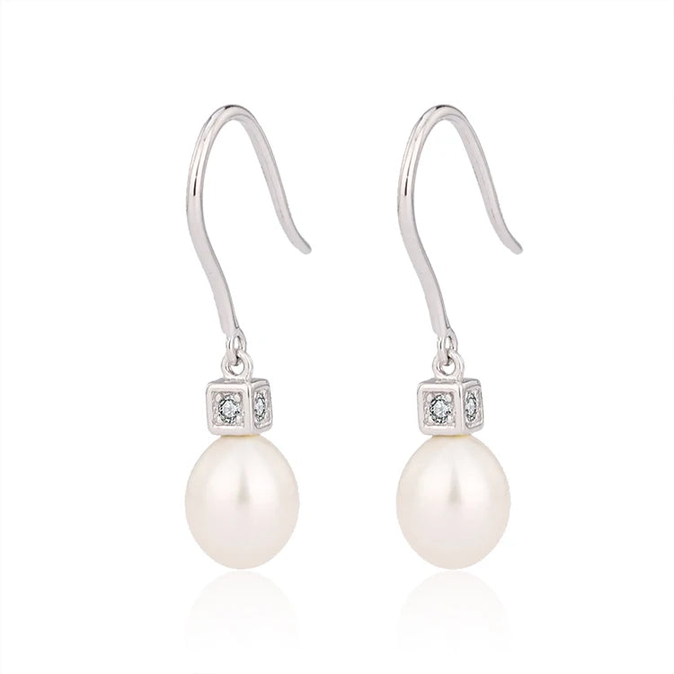 Designer 8mm single fresh water pearls womens simple 925 sterling silver freshwater cultured pearl earrings with stone