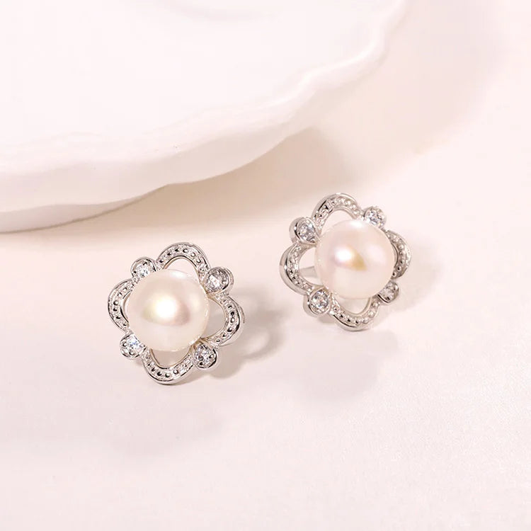 Pearl and cubic zirconia stud 925 sterling silver freshwater cultured pearl earrings with cubic zirconia