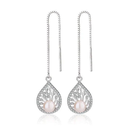 Wholesale personalized jewelry 925 sterling silver zirconia long freshwater pearl drop dangle earrings