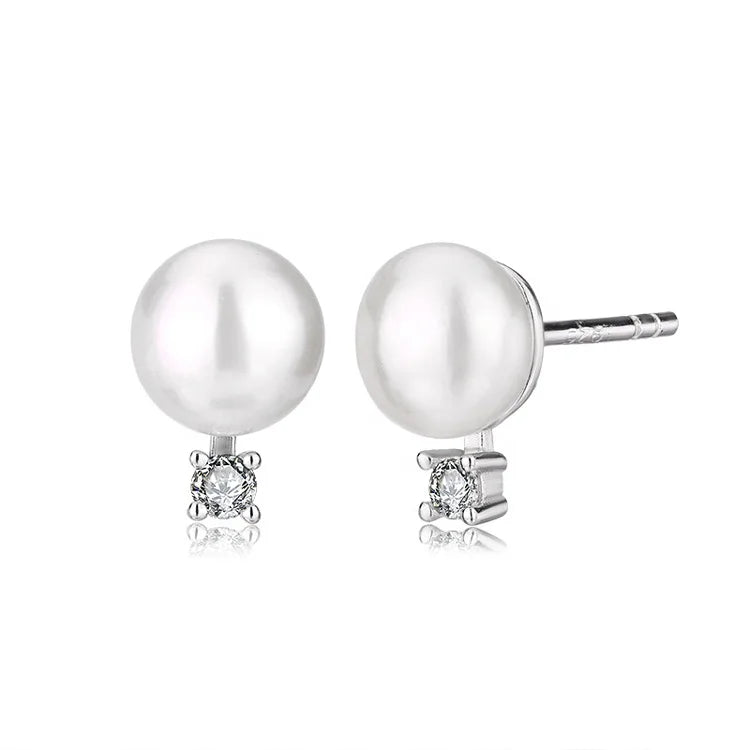 Simple fancy 925 sterling silver and natural white pearl stud earrings for women