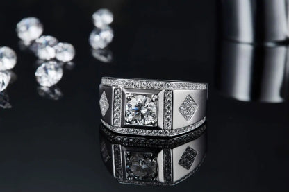 Vintage 1 Ct Round Cut Moissanite Men's Ring - S925 Silver with Rectangular Setting, Perfect for Engagement and Wedding