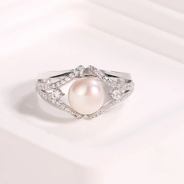 Custom women engagement wedding sterling silver freshwater pearl ring with zircon moissanite