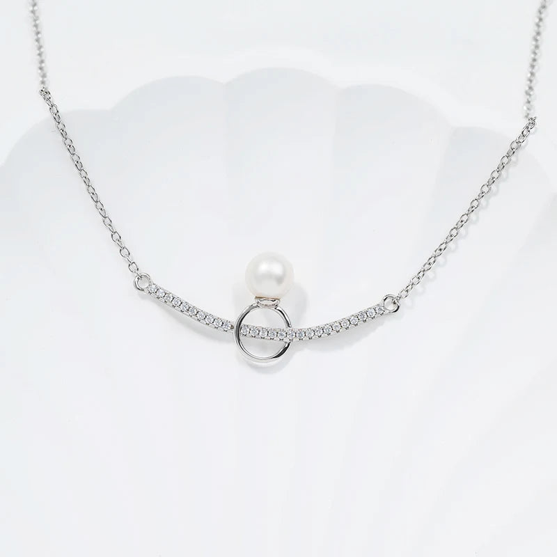 High quality rhodium plated 925 sterling silver minimalist simple necklace with a pearl