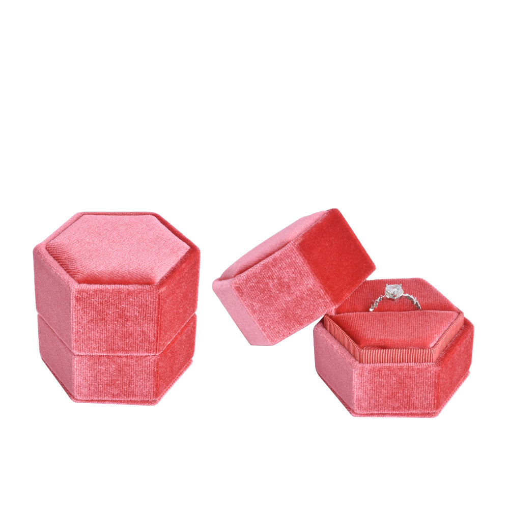 Coral Red Hexagon Ring Velvet Boxes