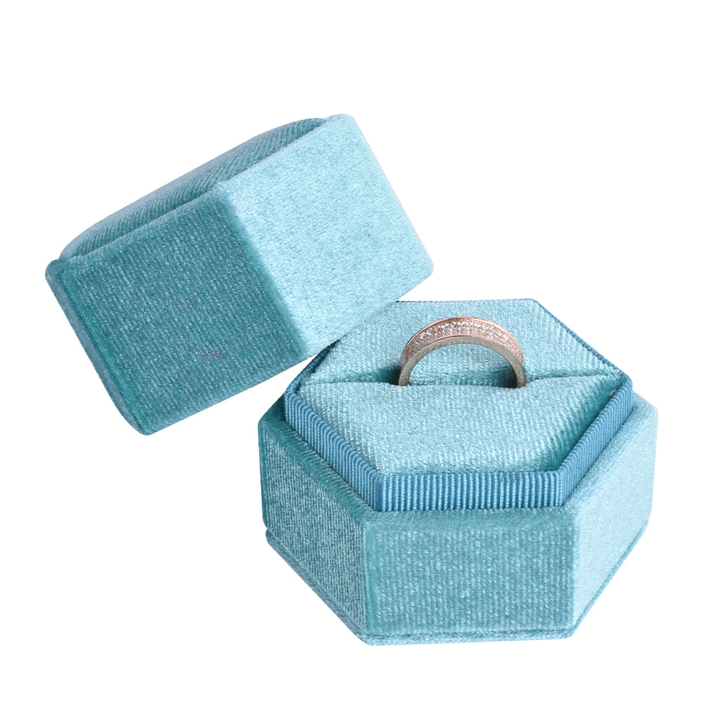 Cajas de terciopelo para anillos hexagonales pequeños de color azul claro