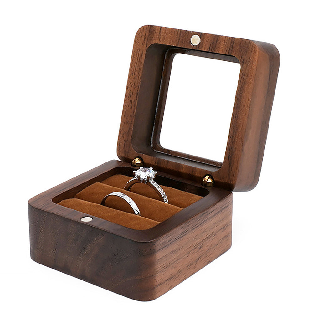 Caja cuadrada de madera para anillos dobles con ventana