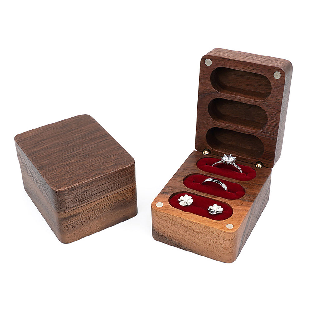 Square three-compartment wooden ring box