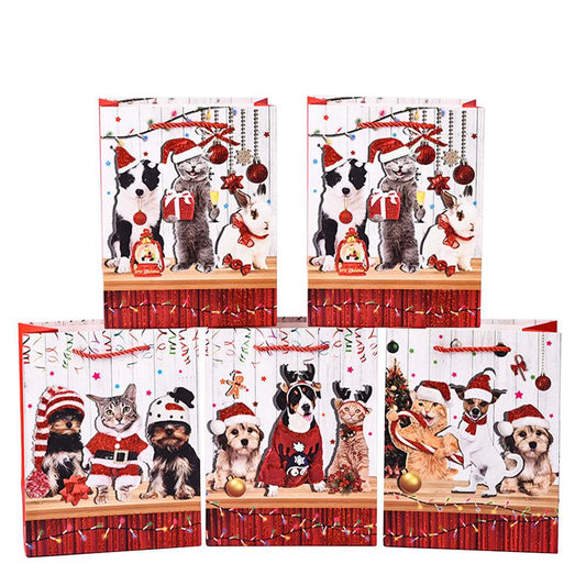 12 pcs Christmas Holiday Paper Gift Bags with Handles, Cat and Dog Patterns for Christmas Snacks, Candies, Holiday Party Supplies Gifts (12*16*6.5cm)