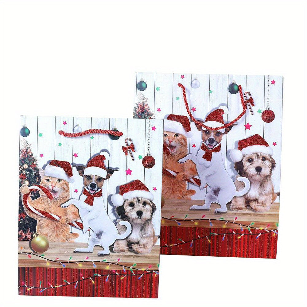 12 pcs Christmas Holiday Paper Gift Bags with Handles, Cat and Dog Patterns for Christmas Snacks, Candies, Holiday Party Supplies Gifts (12*16*6.5cm)