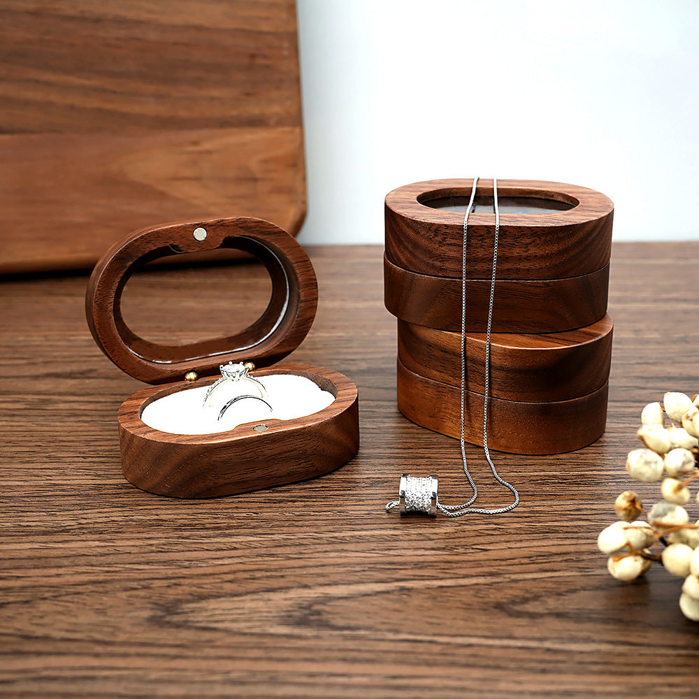 Caja ovalada de madera para dos anillos con ventana